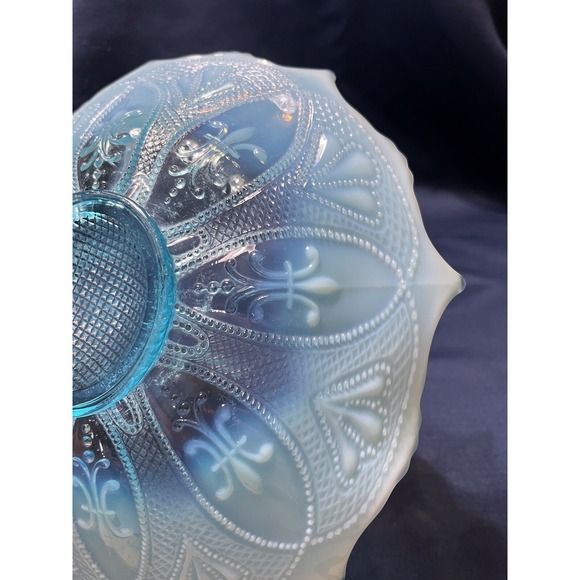 Vintage Blue Opalescent Glass Candy Serving Dish Fleur-de-lis Design - Picture 8 of 10